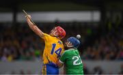 17 June 2018; John Conlon of Clare and Richie McCarthy of Limerick both miss catching the sliothar during the Munster GAA Hurling Senior Championship Round 5 match between Clare and Limerick at Cusack Park in Ennis, Clare. Photo by Ray McManus/Sportsfile