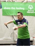 17 June 2018; James Edward Gough of Connaught competing in the Mens Badminton Finals during the Special Olympics 2018 Ireland Games at the FAI National Training Centre in Abbotstown, Dublin. Photo by Tom Beary/Sportsfile