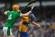 17 June 2018; Podge Collins of Clare in action against Richie English of Limerick during the Munster GAA Hurling Senior Championship Round 5 match between Clare and Limerick at Cusack Park in Ennis, Clare. Photo by Ray McManus/Sportsfile
