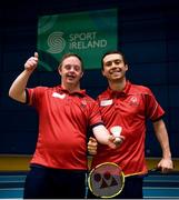 17 June 2018; Eddie Ryan, left, and Nicholas O'Brien both from Cork after competing for Munster in the Mens Badminton Final during the Special Olympics 2018 Ireland Games at the FAI National Training Centre in Abbotstown, Dublin. Photo by Tom Beary/Sportsfile