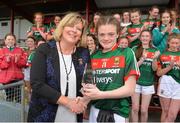 17 June 2018; Milly Sherridan of Mayo is presented her Player Of The Match award by LGFA President Marie Hickey after the All-Ireland Ladies Football U14 B Final between Mayo and Tipperary at Duggan Park in Ballinasloe, Co. Galway. Photo by Harry Murphy/Sportsfile