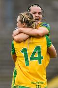 17 June 2018; Donegal players Yvonne Bonner, left, and Geraldine McLaughlin celebrate after the TG4 Ulster Ladies Football Senior Championship Final match between Armagh and Donegal at Brewster Park in Enniskillen, Co. Fermanagh. Photo by Daire Brennan/Sportsfile