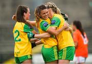 17 June 2018; Donegal players, left to right, Sarah Jane McDonald, Niamh Hegarty, and Yvonne Bonner celebrate after the TG4 Ulster Ladies Football Senior Championship Final match between Armagh and Donegal at Brewster Park in Enniskillen, Co. Fermanagh. Photo by Daire Brennan/Sportsfile