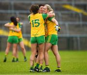 17 June 2018; Donegal players, left to right, Eilish Ward, Aoife McDonnell, and Karen Guthrie celebrate after the TG4 Ulster Ladies Football Senior Championship Final match between Armagh and Donegal at Brewster Park in Enniskillen, Co. Fermanagh. Photo by Daire Brennan/Sportsfile