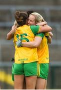 17 June 2018; Donegal players Eilish Ward, left, and Karen Guthrie celebrate after the TG4 Ulster Ladies Football Senior Championship Final match between Armagh and Donegal at Brewster Park in Enniskillen, Co. Fermanagh. Photo by Daire Brennan/Sportsfile