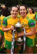 17 June 2018; Donegal players Geraldine McLaughlin, left, and Nicole McLaughlin celebrate after the TG4 Ulster Ladies Football Senior Championship Final match between Armagh and Donegal at Brewster Park in Enniskillen, Co. Fermanagh. Photo by Daire Brennan/Sportsfile