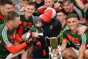 17 June 2018; Mayo manager Mike Solan with his son Teddy, 4 months old, during celebrations after the EirGrid Connacht GAA Football U20 Championship Final match between Mayo and Roscommon at Dr Hyde Park in Roscommon. Photo by Piaras Ó Mídheach/Sportsfile