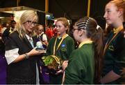 18 June 2018; Director-General of RTÉ, Dee Forbes, meets students, from left, Sarah Flynn, Phillipa Winter and Sorcha Headly of Scoil Bhride, Killarney, Co Kerry at the JEP National Showcase Day in the RDS Simmonscourt, Ballsbridge, Dublin. Photo by David Fitzgerald/Sportsfile