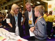 18 June 2018; Director-General of RTÉ Dee Forbes and Jerry Kennelly, CEO of Tweak, meet student Mark Moran of St. Laurence’s B.N.S, Stillorgan, Co Dublin, from the 'Question Bomb' stand at the JEP National Showcase Day in the RDS Simmonscourt, Ballsbridge, Dublin. Photo by David Fitzgerald/Sportsfile
