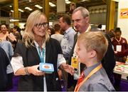 18 June 2018; Director-General of RTÉ Dee Forbes and Jerry Kennelly, CEO of Tweak, meet student Mark Moran of St. Laurence’s B.N.S, Stillorgan, Co Dublin, from the 'Question Bomb' stand at the JEP National Showcase Day in the RDS Simmonscourt, Ballsbridge, Dublin. Photo by David Fitzgerald/Sportsfile