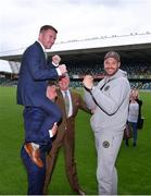 18 June 2018; Paddy Barnes, left, on the shoulders of Carl Frampton, with Tyson Fury, right, and promoter Frank Warren, centre, following a press conference at the National Stadium at Windsor Park in Belfast. Photo by Seb Daly/Sportsfile