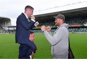 18 June 2018; Paddy Barnes, left, on the shoulders of Carl Frampton, with Tyson Fury, right, following a press conference at the National Stadium at Windsor Park in Belfast. Photo by Seb Daly/Sportsfile