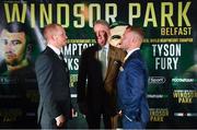 18 June 2018; Boxers, Luke Jackson, left, and Carl Frampton, right, with promoter Frank Warren following a press conference at the National Stadium at Windsor Park in Belfast. Photo by Seb Daly/Sportsfile