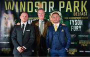 18 June 2018; Boxers, Luke Jackson, left, and Carl Frampton, right, with promoter Frank Warren following a press conference at the National Stadium at Windsor Park in Belfast. Photo by Seb Daly/Sportsfile