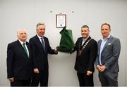 18 June 2018; John Delaney, CEO, Football Association of Ireland, and Cllr Paul Gogarty, Mayor South Dublin County Council, in the company of Tony Fitzgerald, President, Football Association of Ireland, left, and Jonathan Roche, Chairman, Shamrock Rovers FC, right, at the official opening of Shamrock Rovers state of the art 11-a-side and 7-a-side grass pitches and facilities at Roadstone Group Sports Club, Kingswood, Dublin. Photo by Stephen McCarthy/Sportsfile