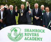 18 June 2018; Tony Fitzgerald, President, Football Association of Ireland, Cllr Paul Gogarty, Mayor South Dublin County Council, Jonathan Roche, Chairman, Shamrock Rovers FC, and John Delaney, CEO, Football Association of Ireland, officially cut the ribbon in the company of FAI Council members and Shamrock Rovers Board members, players and staff at the official opening of Shamrock Rovers state of the art 11-a-side and 7-a-side grass pitches and facilities at Roadstone Group Sports Club, Kingswood, Dublin. Photo by Stephen McCarthy/Sportsfile