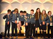 18 June 2018; The winners of the Class of the Year 2018 award are Caroline McCarthy’s fifth class pupils from Gaelscoil An Inbhir Mhoir, Co. Wicklow with Ireland’s only bilingual board game ‘Marching the Map’/’Máirseáil na Léarscáile’ during the JEP National Showcase Day in the RDS Simmonscourt, Ballsbridge, Dublin. Photo by Eóin Noonan/Sportsfile
