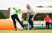 19 June 2018; Will Quinn, age 11, in action against FAI Development Officer Ian Hill during the visually impaired football training and match day at St Joseph's Primary School in Drumcondra, Dublin. Photo by David Fitzgerald/Sportsfile