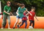 19 June 2018; Ella Murphy, age 13, in action against Sophie O'Reilly, age 8, during the visually impaired football training and match day at St Joseph's Primary School in Drumcondra, Dublin. Photo by David Fitzgerald/Sportsfile