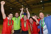 19 June 2018; Ian Byrne of Futsambas Naas lifts the cup as his team-mates celebrate after the FAI Futsal Final match between Blue Magic and Futsambas Naas at Gormanstown College in Gormanstown, Co Meath. Photo by Matt Browne/Sportsfile
