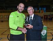 19 June 2018; Pedro Tavares of Futsambas Naas is presented with the player of the match trophy by Shay Weafer from the FAI after the FAI Futsal Final match between Blue Magic and Futsambas Naas at Gormanstown College in Gormanstown, Co Meath. Photo by Matt Browne/Sportsfile