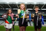 20 June 2018; Erin's Isle players, from left, Saoirse Delaney, Aine Cantwell and Ollie Gaffney, all age 12, who played in the recent Allianz Cumann na mBunscol Áth Cliath finals pictured at Croke Park in Dublin. Photo by David Fitzgerald/Sportsfile
