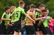 15 June 2018; Jack Wall of NDSL, right, celebrates with teammates after scoring the winning penalty in the Shield Final match between Limerick Desmond and NDSL during the SFAI Kennedy Cup Finals at University of Limerick, Limerick. Photo by Tom Beary/Sportsfile
