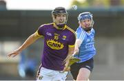 20 June 2018; Joe O'Connor of Wexford in action against Conor Burke of Dublin during the Bord Gáis Energy Leinster GAA Hurling U21 Championship Semi-Final match between Dublin and Wexford at Parnell Park in Dublin. Photo by David Fitzgerald/Sportsfile