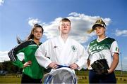 24 June 2018; The Olympic Council of Ireland held its Annual General Meeting today at the National Sports Campus in Dublin. The meeting saw the induction of three new National Governing Bodies for membership: Softball Ireland, Onakai and Mountaineering Ireland. Pictured at the event is mountaineer Jess McGarry, karate athlete David Crilly and softball player Caitlyne De Lange. Photo by Ramsey Cardy/Sportsfile