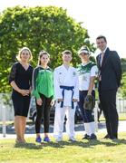 24 June 2018; The Olympic Council of Ireland held its Annual General Meeting today at the National Sports Campus in Dublin. The meeting saw the induction of three new National Governing Bodies for membership: Softball Ireland, Onakai and Mountaineering Ireland. Pictured at the event are, from left, Olympic Council of Ireland President Sarah Keane, mountaineer Jess McGarry, karate athlete David Crilly, softball player Caitlyne De Lange and Olympic Council of Ireland CEO Peter Sherrard. Photo by Ramsey Cardy/Sportsfile