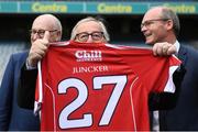 22 June 2018; President of the European Commission Jean-Claude Juncker is presented with a Cork GAA jersey during a visit to Croke Park in Dublin. Photo by Stephen McCarthy/Sportsfile