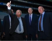 22 June 2018; President of the European Commission Jean-Claude Juncker, left, European Commissioner for Agriculture Phil Hogan and Uachtarán Chumann Lúthchleas Gael John Horan, right, during a visit to Croke Park in Dublin. Photo by Stephen McCarthy/Sportsfile
