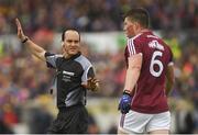 17 June 2018; Referee David Coldrick with Gareth Bradshaw of Galway during the Connacht GAA Football Senior Championship Final match between Roscommon and Galway at Dr Hyde Park in Roscommon. Photo by Piaras Ó Mídheach/Sportsfile