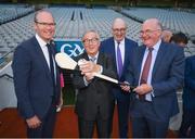 22 June 2018; President of the European Commission Jean-Claude Juncker receives a gift of a Hurley, in the company of Tánaiste Simon Coveney, left, European Commissioner for Agriculture Phil Hogan and Uachtarán Chumann Lúthchleas Gael John Horan, right, during a visit to Croke Park in Dublin. Photo by Stephen McCarthy/Sportsfile