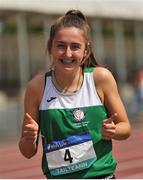 23 June 2018; Laura Gallagher of Alexandra College, Dublin, celebrates after winning the Girls 300m Hurdles event during the Irish Life Health Tailteann Games T&F Championships at Morton Stadium, in Santry, Dublin. Photo by Tomás Greally/Sportsfile