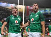 23 June 2018; Ireland players Jordi Murphy, left, and Tadhg Beirne celebrate at the final whistle of the 2018 Mitsubishi Estate Ireland Series 3rd Test match between Australia and Ireland at Allianz Stadium in Sydney, Australia. Photo by Brendan Moran/Sportsfile