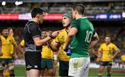 23 June 2018; Referee Pascal Gauzere speaks to David Pocock of Australia and Jonathan Sexton of Ireland during the 2018 Mitsubishi Estate Ireland Series 3rd Test match between Australia and Ireland at Allianz Stadium in Sydney, Australia. Photo by Brendan Moran/Sportsfile