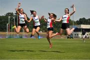 23 June 2018; Holly Mulholland, Katie Monteith, Jenna Breen and Alice Rodgers of Ulster, celebrate winning the Girls 4x100m Relay event, during the Irish Life Health Tailteann Games T&F Championships at Morton Stadium, in Santry, Dublin. Photo by Tomás Greally/Sportsfile