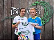 23 June 2018; Lisamarie Leonard from Longford Slashers Camogie Club in Co. Longford pictured with Dublin Camogie player Grainne Quinn at the John West Skills Day in the National Sports Campus on Saturday 23rd June. The Skills Day is an opportunity for Ireland’s rising football, hurling & camogie stars to show their skills as part of the John West Féile na nÓg and John West Féile na nGael competitions. At the National Sports Campus in Blanchardstown, Dublin. Photo by Seb Daly/Sportsfile