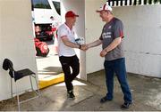 23 June 2018; Tyrone manager Mickey Harte is welcomed to the ground by Tyrone supporter Gerrard McGlynn before the GAA Football All-Ireland Senior Championship Round 2 match between Carlow and Tyrone at Netwatch Cullen Park in Carlow. Photo by Matt Browne/Sportsfile