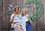 23 June 2018; Lauren Kelly from Naomh Ciarán GAA Club in Co. Offaly pictured with Roscommon Ladies Footballer Amanda McLoone at the John West Skills Day in the National Sports Campus on Saturday 23rd June. The Skills Day is an opportunity for Ireland’s rising football, hurling & camogie stars to show their skills as part of the John West Féile na nÓg and John West Féile na nGael competitions. At the National Sports Campus in Blanchardstown, Dublin. Photo by Seb Daly/Sportsfile