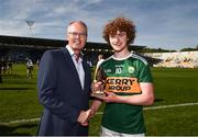 23 June 2018;  John Drinan, Customer Relationship Manager at Electric Ireland, proud sponsor of the Electric Ireland GAA Minor Championships, presents Paul Walsh of Kerry with the Player of the Match award for his major performance in the Electric Ireland GAA Munster Minor Football Championship Final. Throughout the Championships, fans can follow the conversation, vote for their player of the week, support the Minors and be a part of something major through the hashtag #GAAThisIsMajor. Photo by Stephen McCarthy/Sportsfile