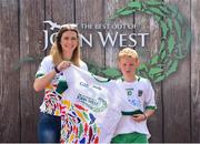 23 June 2018; Oisin McGlinchey from Sean MacCumhaills GAA CLub in Co. Donegal pictured with Roscommon Ladies Footballer Amanda McLoone at the John West Skills Day in the National Sports Campus on Saturday 23rd June. The Skills Day is an opportunity for Ireland’s rising football, hurling & camogie stars to show their skills as part of the John West Féile na nÓg and John West Féile na nGael competitions. At the National Sports Campus in Blanchardstown, Dublin. Photo by Seb Daly/Sportsfile