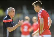 23 June 2018; Louth manager Pete McGrath in conversation with Andy McDonnell ahead of the GAA Football All-Ireland Senior Championship Round 2 match between Leitrim and Louth at Páirc Seán Mac Diarmada in Carrick-on-Shannon, Co. Leitrim. Photo by Ramsey Cardy/Sportsfile