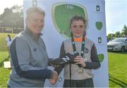 23 June 2018; Sarah Kiernan of Sligo/Leitrim League is presented the Player Of The Match award by Chairperson of FAI Women's Football committee Niamh O'Donoghue after the U12's Finals match between Metropolitan Girls League and Sligo/Leitrim League on the Saturday of the Fota Island Resort Gaynor Tournament at the University of Limerick in Limerick. Photo by Harry Murphy/Sportsfile