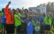 23 June 2018; Aoibhe Fleming of Metropolitan Girls League lifts the trophy after the U12's Finals match between Metropolitan Girls League and Sligo/Leitrim League on the Saturday of the Fota Island Resort Gaynor Tournament at the University of Limerick in Limerick. Photo by Harry Murphy/Sportsfile