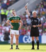 23 June 2018; Stephen O’Brien of Kerry receives a black card from referee Ciaran Branagan during the Munster GAA Football Senior Championship Final match between Cork and Kerry at Páirc Ui Chaoimh in Cork. Photo by Stephen McCarthy/Sportsfile