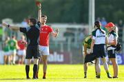 23 June 2018; James Craven of Louth is shown a red card by referee Noel Mooney following a clash with Damien Moran of Leitrim during the GAA Football All-Ireland Senior Championship Round 2 match between Leitrim and Louth at Páirc Seán Mac Diarmada in Carrick-on-Shannon, Co. Leitrim. Photo by Ramsey Cardy/Sportsfile