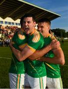 23 June 2018; Leitrim's Damien Moran, centre, and Darragh Rooney celebrate their victory in the GAA Football All-Ireland Senior Championship Round 2 match between Leitrim and Louth at Páirc Seán Mac Diarmada in Carrick-on-Shannon, Co. Leitrim. Photo by Ramsey Cardy/Sportsfile