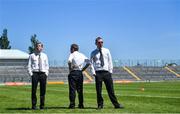 24 June 2018; Umpires James O'Connor, left, Kieran Hughes and Paul Daly inspect the pitch prior to the GAA Football All-Ireland Senior Championship Round 2 match between Offaly and Clare at Bord Na Mona O’Connor Park in Tullamore, Offaly. Photo by Harry Murphy/Sportsfile